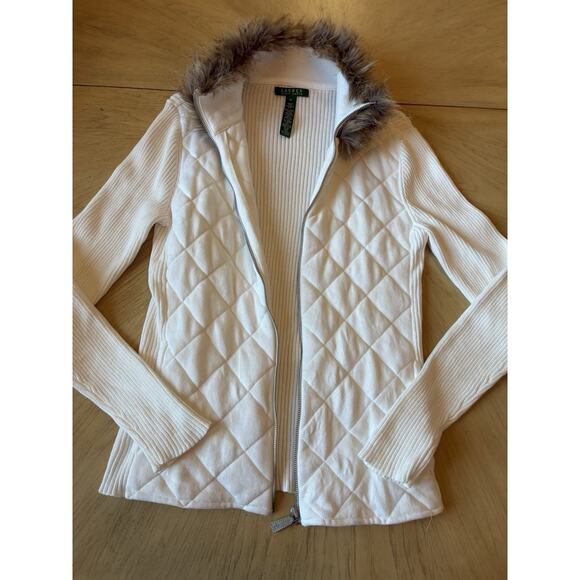 VTG RALPH LAUREN QUILTED FLEECE FUR Collar Hollywood Glam Corporate Ivory RARE M - Picture 15 of 16